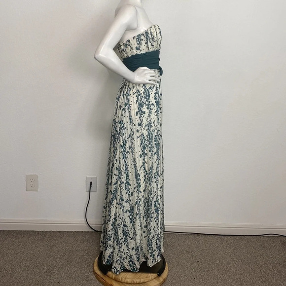 BCBGMaxAzria Green White Floral 100% Silk Strapless Maxi Dress Size 6 - Picture 4 of 10